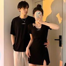 Couple wear 2024 new summer wear niche design short-sleeved T-shirt womens dress French style one skirt and one dress ins trend