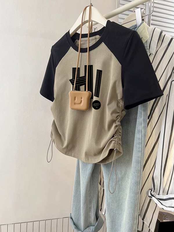 American Retro Raglan Sleeve Drawstring Waist T-Shirt for Women, Round Neck Sweet Spicy Girl Short Sleeve Bm Crop Top for Summer