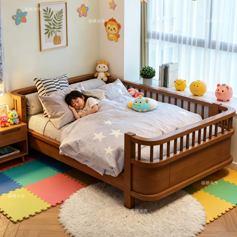 Solid Wood Children's Bed, Girl's Single Bed, Small Bed, Princess Bed, Three-Sided Fence, Boy's Bed with Guardrails, Spliced Large Bed, Widened Solid Wood Children's Bed, Girl's Single Bed, Small Bed, Princess Bed, Three-Sided Fence, Boy's Bed with Guardrails, Spliced Large Bed, Widened