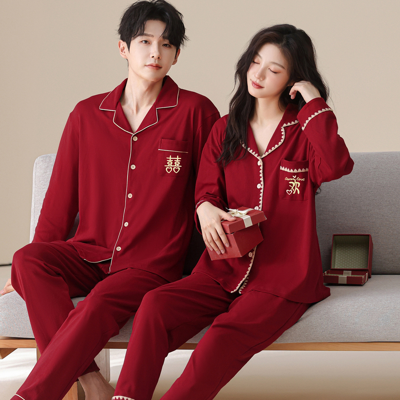 『Xihuan』Two Sets of Spring and Autumn Pure Cotton Couple Pajamas for Men and Women, Long-Sleeved Wedding Red Loungewear for the Year of Birth 『Xihuan』Two Sets of Spring and Autumn Pure Cotton Couple Pajamas for Men and Women, Long-Sleeved Wedding Red Loungewear for the Year of Birth