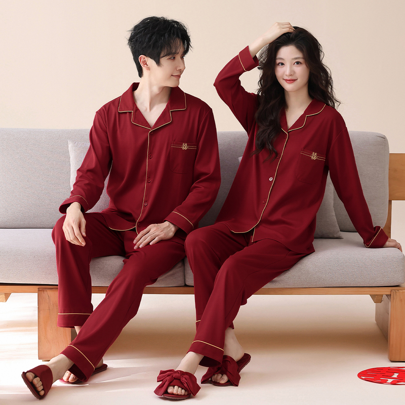2 Sets Price Spring and Autumn Red Pajamas Wedding Pure Cotton Couple Set Long-Sleeved Men's and Women's Home Wear Wedding Gift 2 Sets Price Spring and Autumn Red Pajamas Wedding Pure Cotton Couple Set Long-Sleeved Men's and Women's Home Wear Wedding Gift