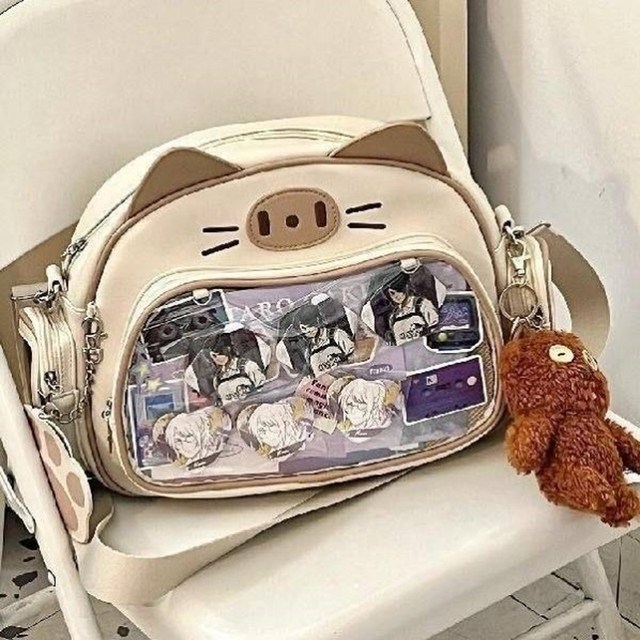 2D-Style Small Cat Ita Bag, Small Daily Lunch Bag for School, Crossbody Badge Bag, Large Capacity Backpack