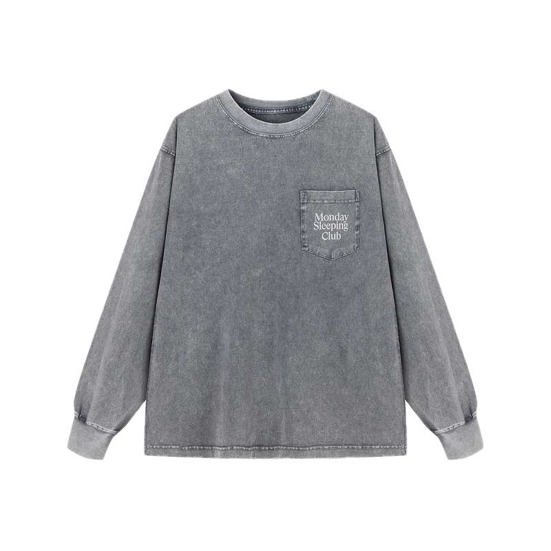 Mondaysleepingclub Standard Font Print Washed Pocket Long-Sleeve T-Shirt