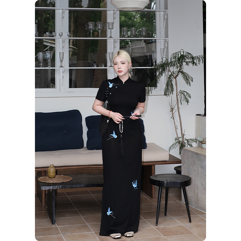 Nuomizi [Backless Butterfly] New Chinese-Style Dress for Women, Summer Improved Embroidered Cheongsam, Youthful Slimming Long Dress