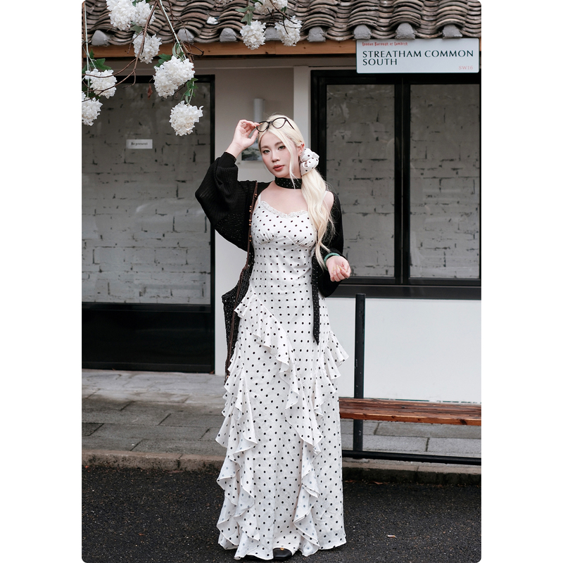 Nuomizi [Pearl Girl] French Polka Dot Dress Women's Summer Irregular Ruffle A-Line Strap Long Dress