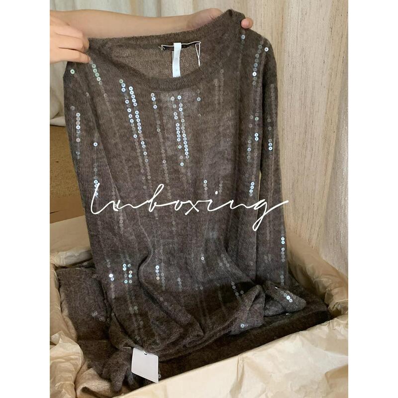 Highly Recommended! Old Money Style Coffee-Colored Wool Sequin Sweater for Women, Autumn and Winter, Lazy and Relaxed, Slightly Sheer Knitwear Highly Recommended! Old Money Style Coffee-Colored Wool Sequin Sweater for Women, Autumn and Winter, Lazy and Relaxed, Slightly Sheer Knitwear