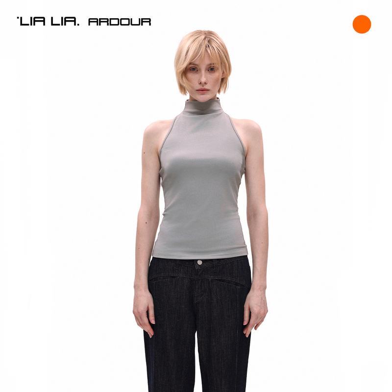 Lialia【Wu Yingxiang's Style】Simple and Elegant High-Neck Cut-Out Shoulder Top, Summer Waist-Cinching Base Layer Tank Top