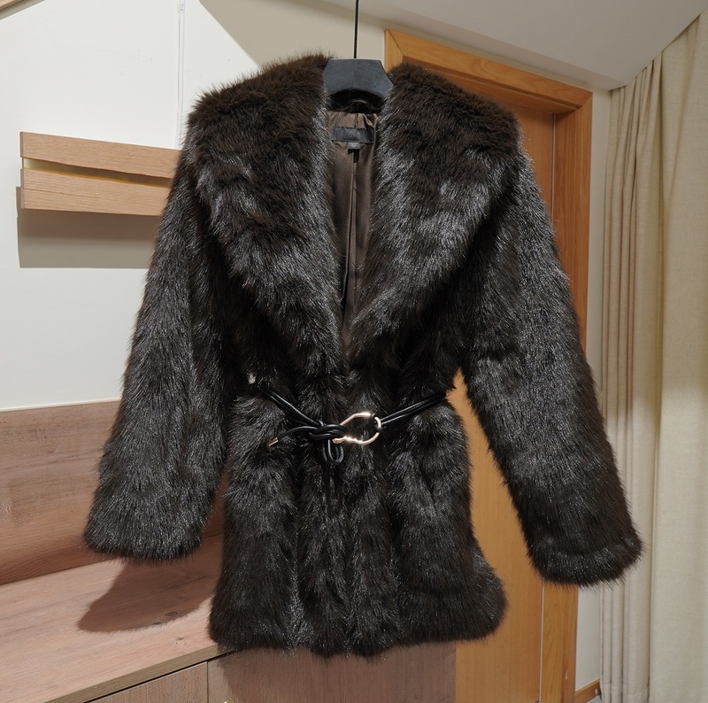 Original Spanish Fashion Women's Brown Faux Fur Coat with Belt Style 6318282