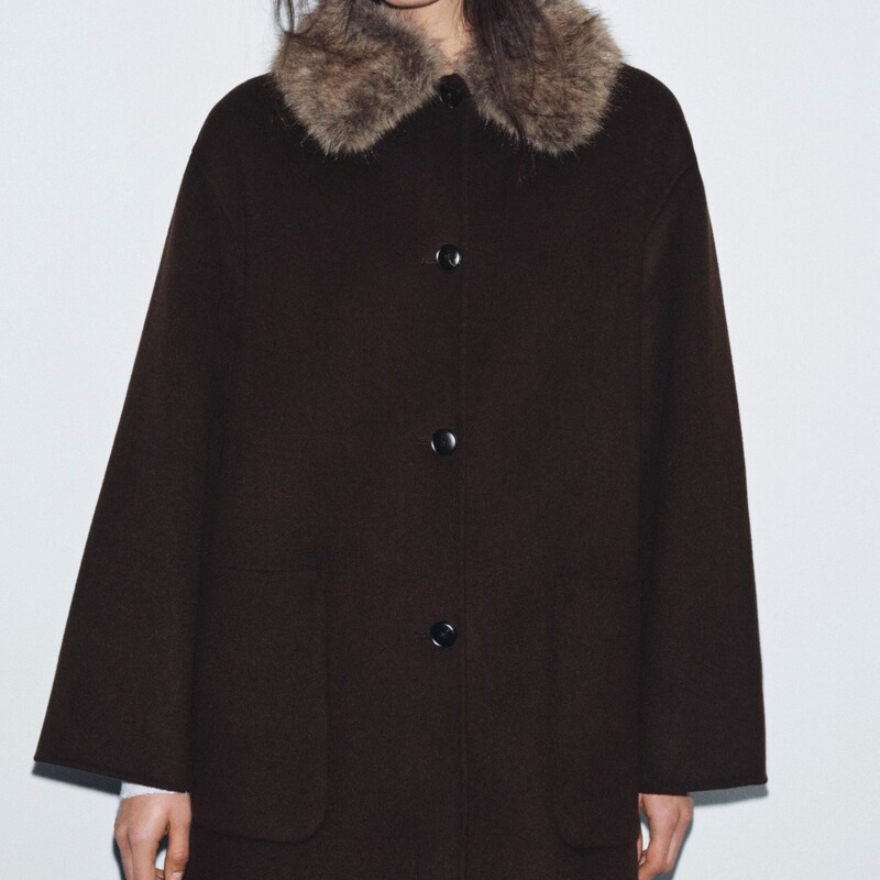 Original Spanish Fashion Women's Faux Fur Collar Loose Double-Sided Woolen Coat 8491/042