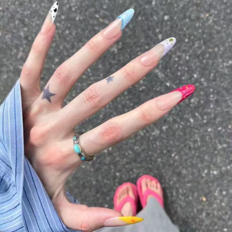 【Summer Color Sweet Tips】Summer Dopamine Color-Block Sweet Tips Hot Girl Extra Long Pointed Nail Style Personality Brightening Wearable Nails