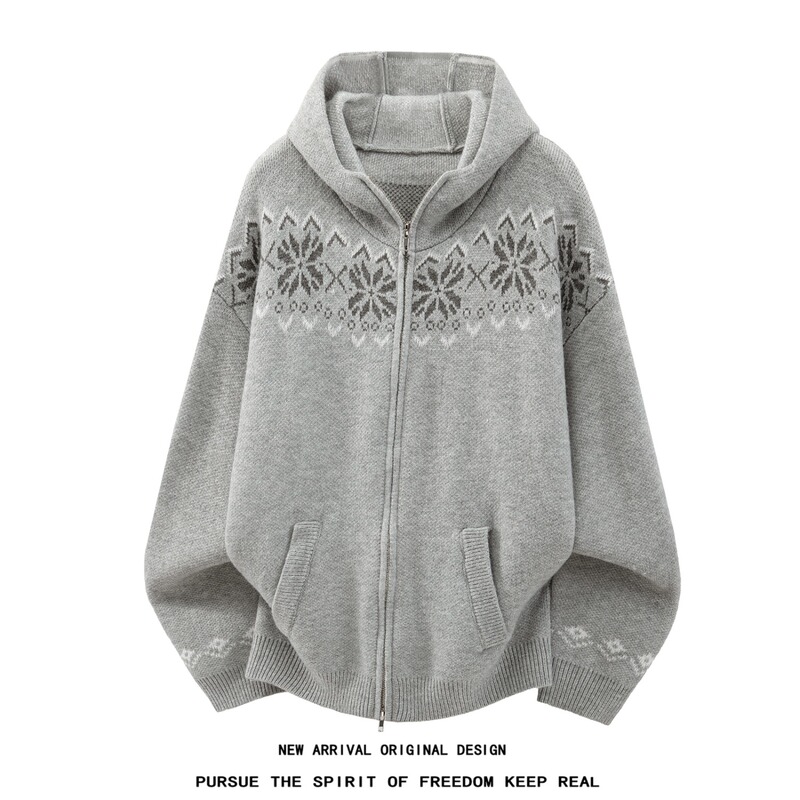 Autumn and Winter Fair Isle Style Hooded Zippered Knitted Cardigan for Men and Women, Snowflake Jacquard Sweater, High-End Thickened Jacket
