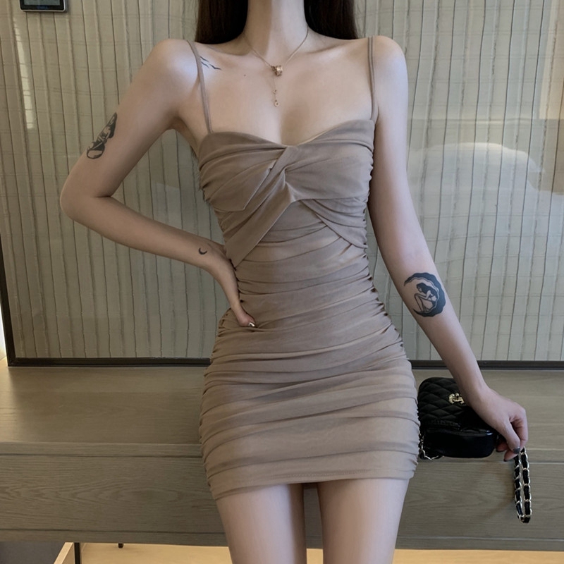 Summer Tight-Fitting Sexy Figure-Flattering Tummy-Covering Mesh Pleated Dress with Chest Pads, Clavicle-Covering, Hip-Hugging Spaghetti Strap Mini Dress