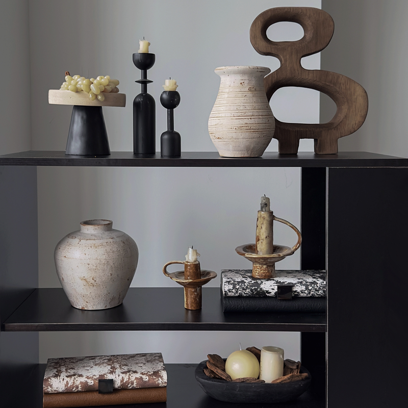 Wabi-Sabi Style High-End Soft Furnishings, Antique-Style Guesthouse Hotel, Antique Shelf, Wild Luxury Style Candlestick Combination Set