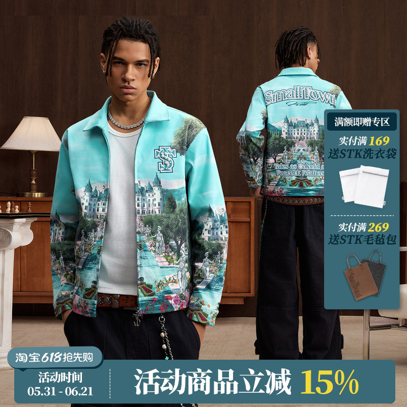 Stk Smalltownkid Peacock Manor 3D Printed Jacket Castle Print Loose Unisex Coat Trendy Brand