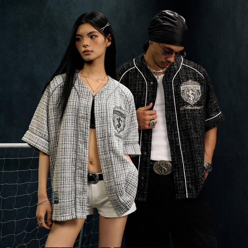 Stk Smalltownkid Badge Chanel-Style Baseball Shirt Short-Sleeve Shirt V-Neck Button Casual Loose Jersey Stk Smalltownkid Badge Chanel-Style Baseball Shirt Short-Sleeve Shirt V-Neck Button Casual Loose Jersey