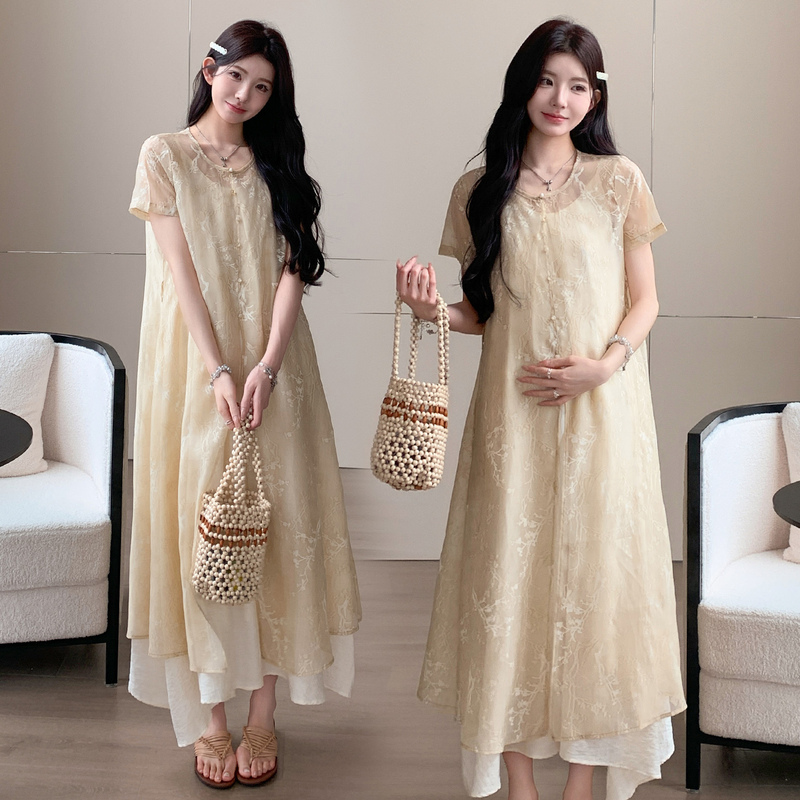 Elegant Maternity Dress Layered Set 2026 Summer High-End Chinese Style Loose Plus Size Slimming and Covering Thin Elegant Maternity Dress Layered Set 2026 Summer High-End Chinese Style Loose Plus Size Slimming and Covering Thin