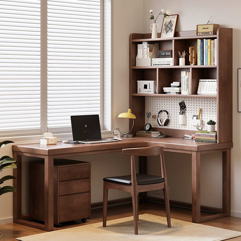 Solid Wood Corner Desk L-Shaped Bookshelf Integrated with Pegboard Corner Computer Desk Bookcase Combination Double Study Desk