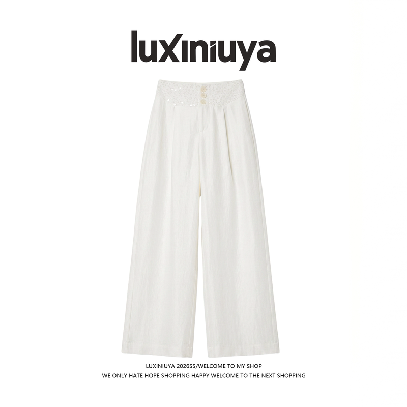 【Luxiniuya】High-Waisted Sequin Design Slimming Versatile Loose Wide-Leg Casual Pants # K1440