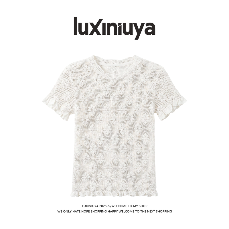 Luxiniuya Textured Design Top Women's Round Neck Lace Mesh Cut Out Slim Short-Sleeved T-Shirt S1397