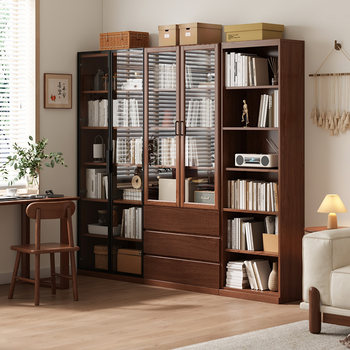 Combined bookcase glass door solid wood storage wine cabinet light luxury home living room integrated wall bookcase figure display cabinet