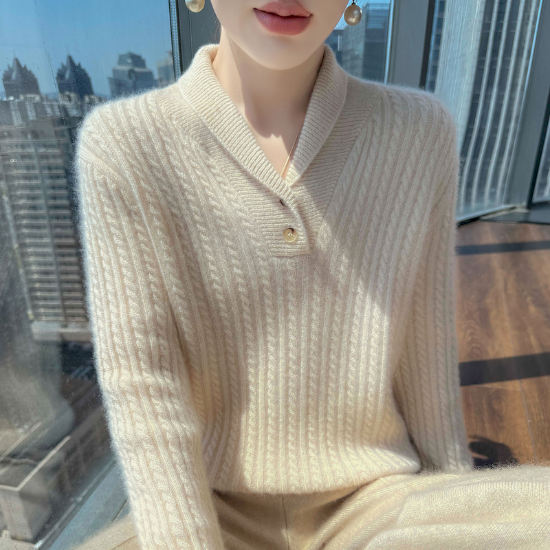 Ordos City 100% Cashmere Knit Sweater Autumn and Winter Heart-Shaped Tie Button Solid Color Cable Knit Casual Pullover Sweater Ordos City 100% Cashmere Knit Sweater Autumn and Winter Heart-Shaped Tie Button Solid Color Cable Knit Casual Pullover Sweater