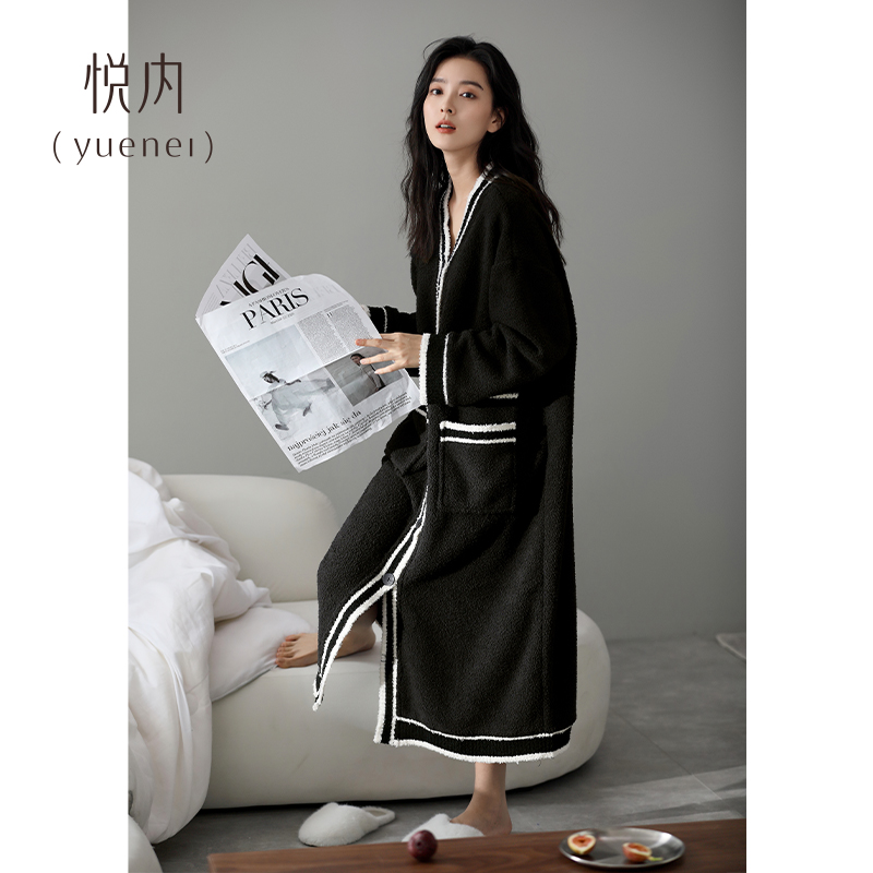 Sleeping Dress Lady Sleepwear Autumn Winter Style Winter Style Thickening Plus Suede Coral Suede Half Suede Sleeping Robes Long style High feeling black-Taobao