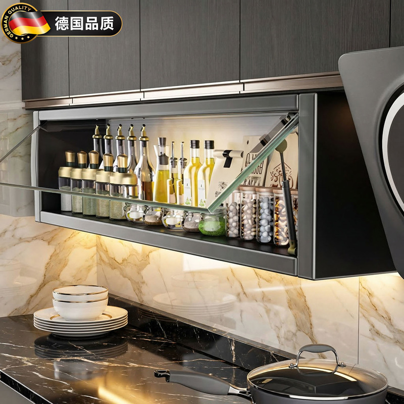 German Kitchen Condiment Storage Rack Multi-Functional Food Preparation Wall Storage Cabinet Wall-Mounted Hanging Cabinet with Glass Door Underneath