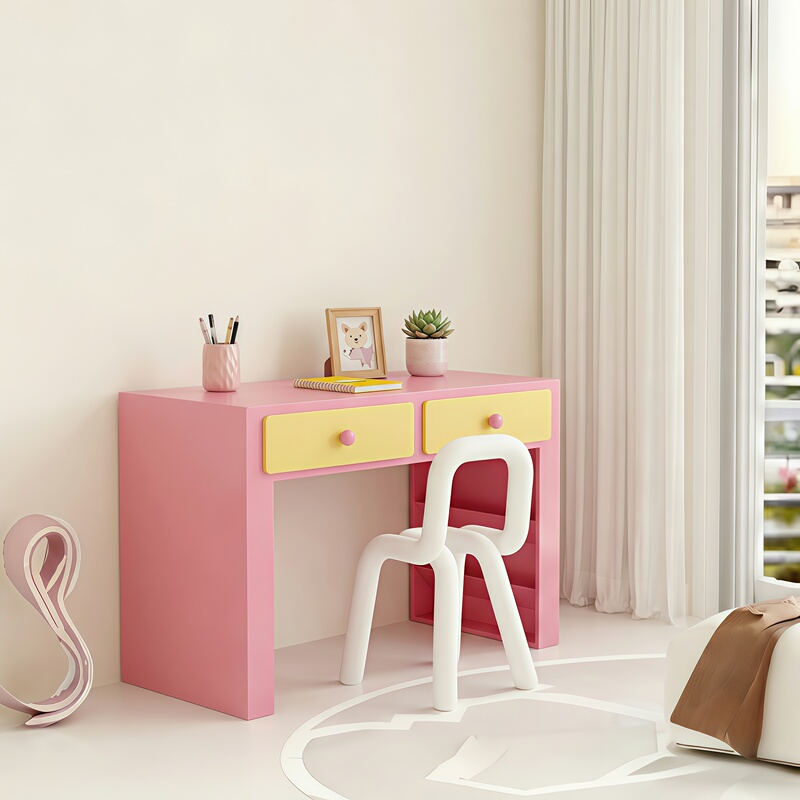 Girly Style Contrasting Color Desk Pink and Yellow Drawer-Style Study Desk Writing Desk Dopamine Wooden Makeup Table