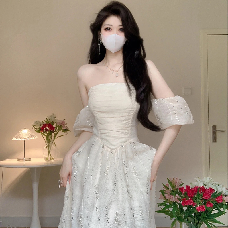 French-Style Puff-Sleeve White Strapless Dress 2026 Spring/Summer Qixi Date Atmosphere Dress Long Dress French-Style Puff-Sleeve White Strapless Dress 2026 Spring/Summer Qixi Date Atmosphere Dress Long Dress