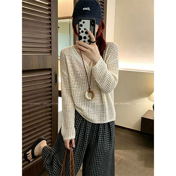 Sawtooth V-Neck Crochet Hollow-Out Beige Round Neck Loose Versatile Fashionable Spring and Summer Knitwear