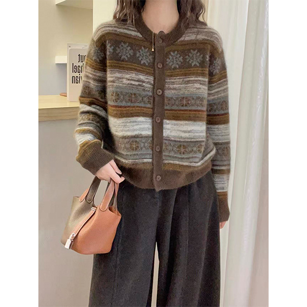 【Ethnic Style Snowflake Jacquard Coffee-Colored Cardigan】Knitted Sweater, Loose Fit, Slimming, Casual, Fashionable, Versatile Sweater