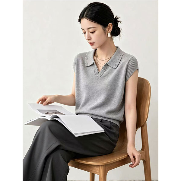 【Lace Doll Collar Gray Ribbed】Knitted Sweater, Loose Fit, Slimming, Casual, Fashionable, Versatile Sweater 【Lace Doll Collar Gray Ribbed】Knitted Sweater, Loose Fit, Slimming, Casual, Fashionable, Versatile Sweater