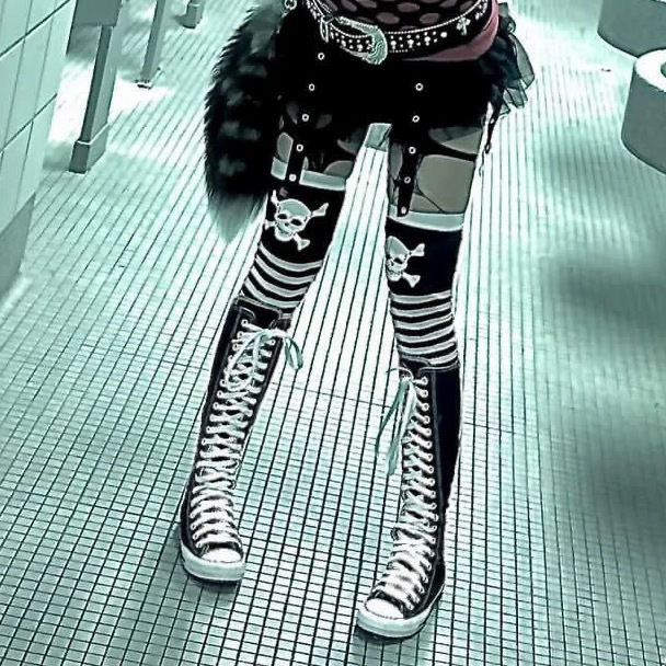 Gothic Punk Emo Style Halloween Subculture Y2K Skull Stripe Print Black and White Over-The-Knee Socks Long Socks