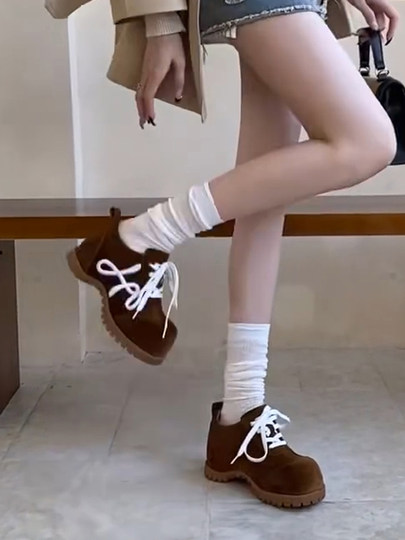 羊皮版~小众新款厚底小个子勃肯德训鞋女复古系带时尚休闲大头鞋