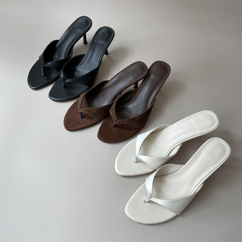 Sheepskin Version ~ Minimalist Style High-Heeled Shoes for Women, Round Toe, Open Toe, Summer Sandals, Stiletto Heels, Genuine Leather Thong Flip-Flops