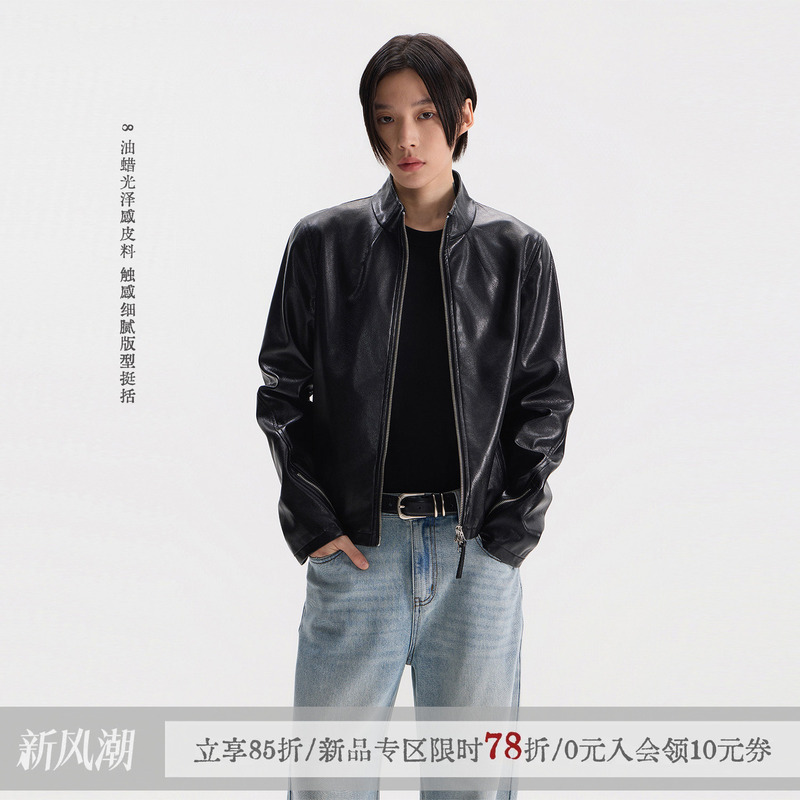 Sameuoo Free-Range Culture "Cold Rainy Night" Black Stand-Up Collar Leather Jacket Short Vintage Oil-Waxed Feel Jacket Sameuoo Free-Range Culture "Cold Rainy Night" Black Stand-Up Collar Leather Jacket Short Vintage Oil-Waxed Feel Jacket