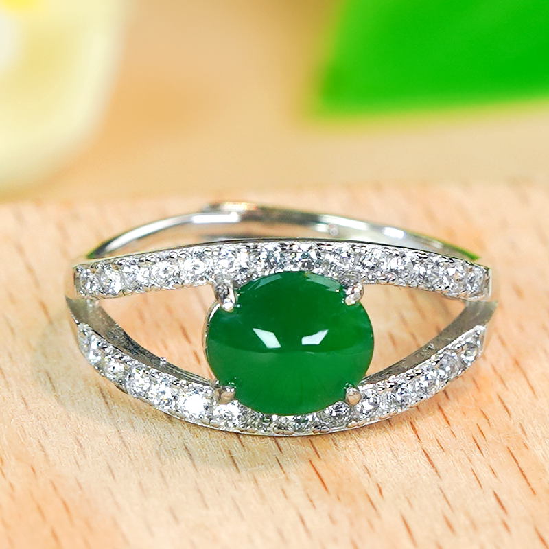 Valentine's Day gift 925 silver inlaid with natural jade A-grade fashionable hollow design full green cabochon jade ring