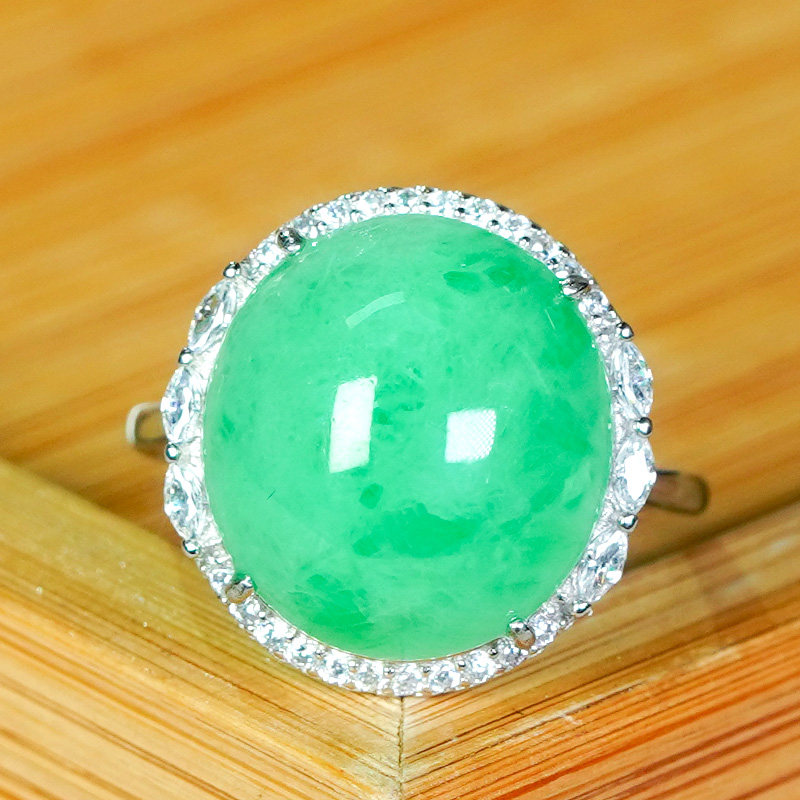 Mid-Autumn Festival gift silver inlaid natural Burmese jade ring Jade A cargo full of green sun green egg face open ring