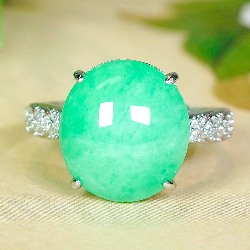 Silver inlaid natural Burmese jadeite ring A-grade fashionable and simple full green sun green oval egg face open ring