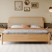 Log style solid wood rattan bed master bedroom 1 8m double bed storage new Chinese style simple home 1 5m rattan bed
