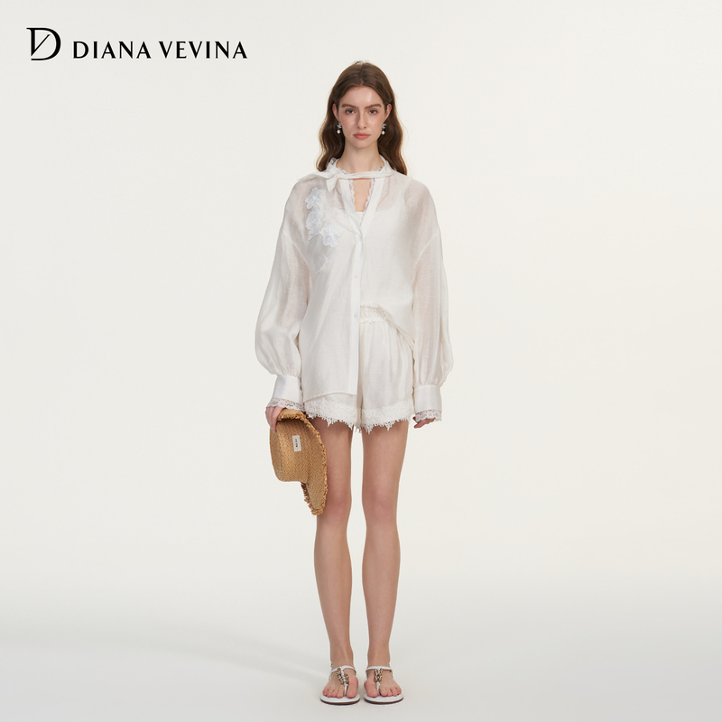 Dianavevina2026 Summer New White Lace Splicing Lantern Long-Sleeved Shirt for Women Sweet A-Line Shorts