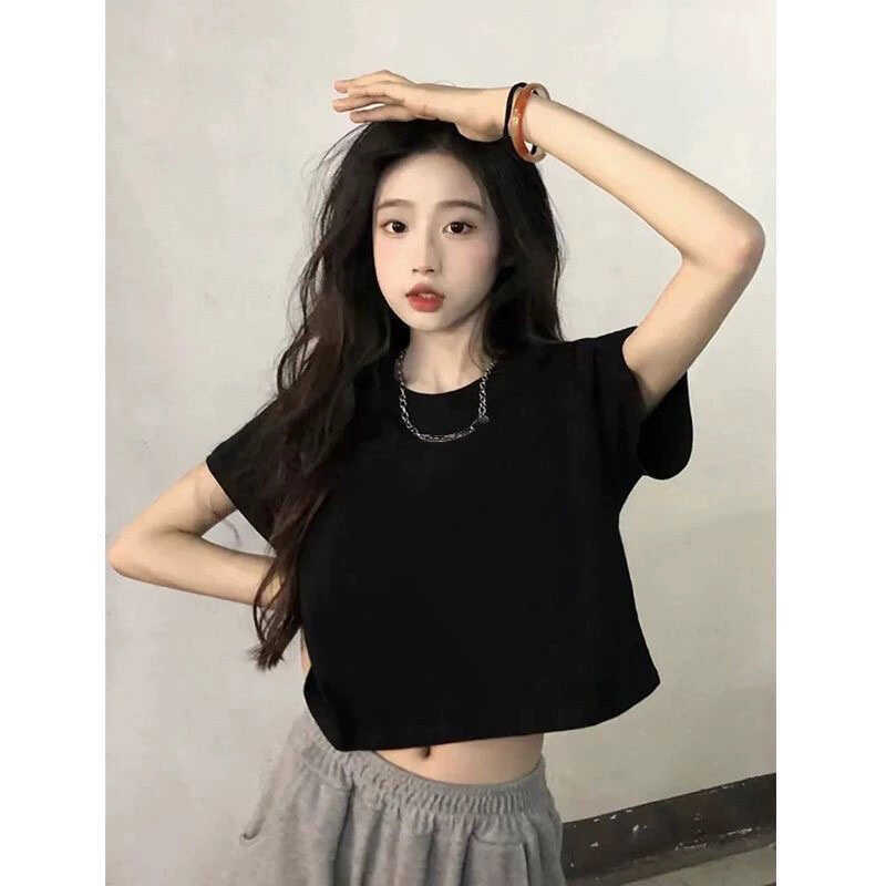 2025 Summer New Casual Simple Black Short-Sleeved T-Shirt for Women with Unique Design, Short Style, Regular Shoulder, Solid Color Top