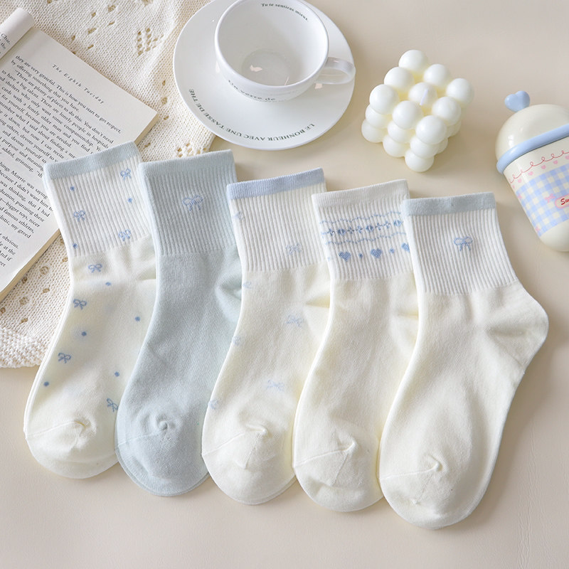 Light Blue Bow Socks for Women, Spring and Autumn Mid-Calf Cotton Socks, Korean Style Trendy Japanese Sweet Sports Breathable Student Socks