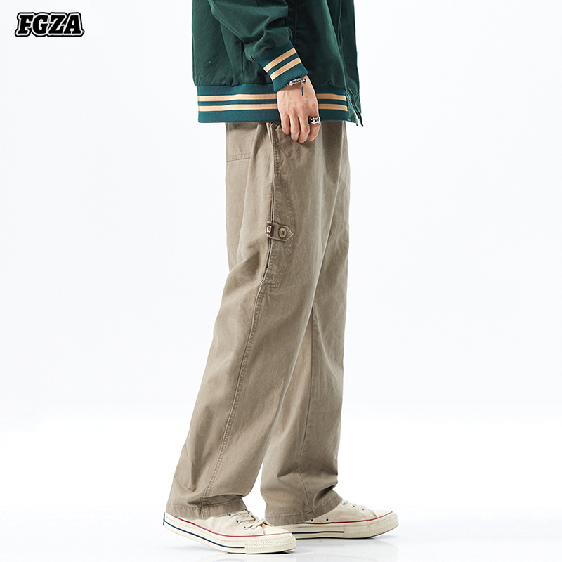 Fgza Japanese-Style Khaki Cargo Pants for Men, Straight-Leg Trendy Brand, Loose Wide-Leg, Mountain-Style, Vintage Pure Cotton Casual Pants