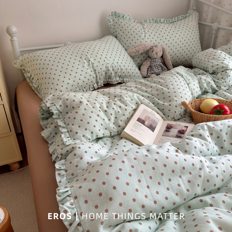 Eros Simple Fortune︱Mint Green A-Class Korean Style Double Layer Gauze Pure Cotton Four-Piece Set All Cotton ins Duvet Cover Bed Sheet Fitted Sheet