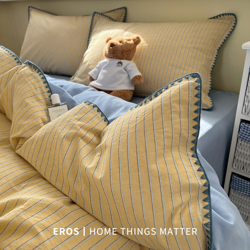 Eros Simple Style︱Sea Salt Blue Striped Shell Edge Pure Cotton Four-Piece Set All-Cotton Striped ins Simple Style Duvet Cover and Fitted Sheet Eros Simple Style︱Sea Salt Blue Striped Shell Edge Pure Cotton Four-Piece Set All-Cotton Striped ins Simple Style Duvet Cover and Fitted Sheet