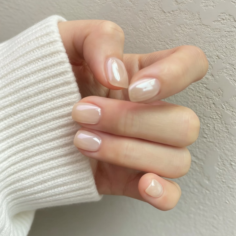 Ponyo Handmade Short Nude Color Nail Art Pearl Powder Aurora Fake Nails Finished Nail Patches Long-Lasting and Removable