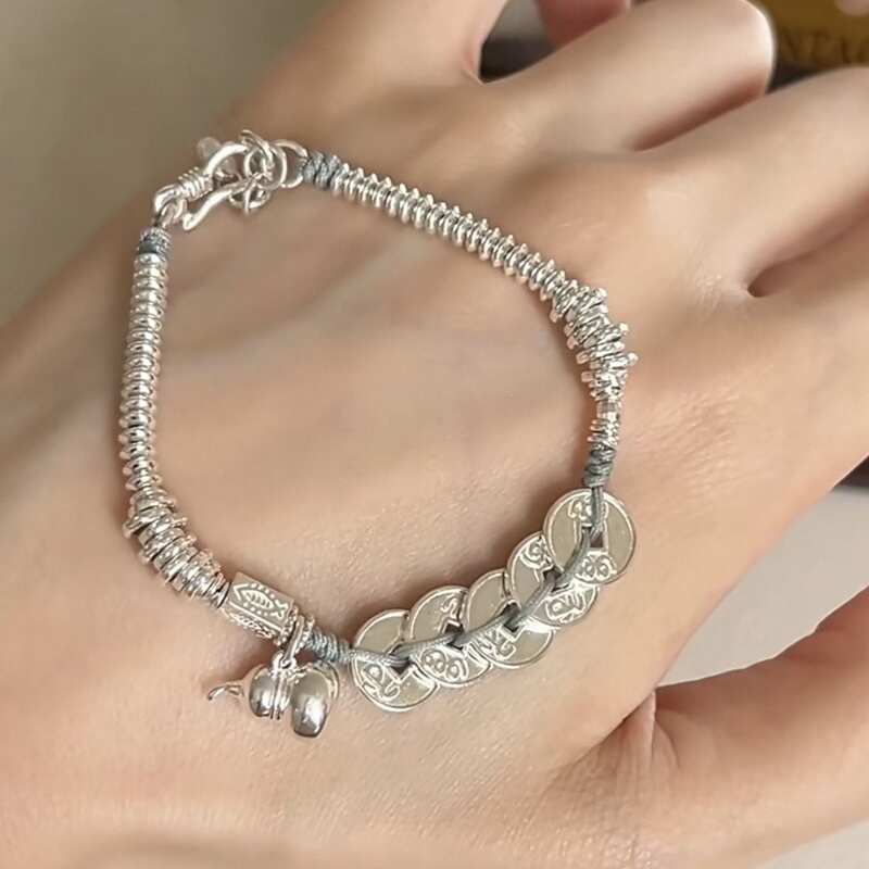 999 Pure Silver Gourd Five-Emperors Coin Small Fish Coiled Bracelet for Women, 2026 New Model, Light Luxury Niche High-End Jewelry