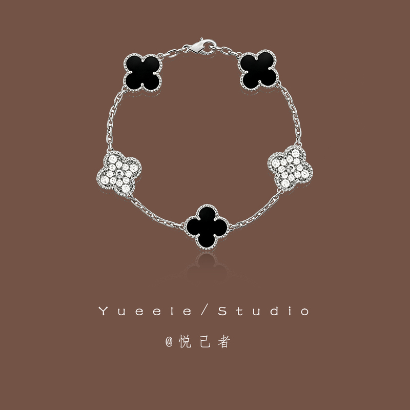 Yueele Panda Four-Leaf Clover S999 Sterling Silver Five-Flower Bracelet for Women, Light Luxury, High-End Temperament, Black Onyx with Diamond Inlay Jewelry