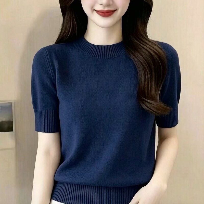 【Authentic Clearance】Spring and Autumn Solid Color Round Neck Short Sleeve Knit Top Slimming Versatile Loose Base Shirt for Women 【Authentic Clearance】Spring and Autumn Solid Color Round Neck Short Sleeve Knit Top Slimming Versatile Loose Base Shirt for Women